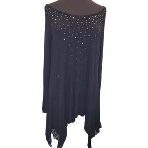 Christine Alexander Black Long Sleeve Rhinestone Blouse Lace Hem Top XL Chic NWT